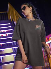 SHEIN Unity Slogan Graphic Drop Shoulder Oversized Tee - Grey - View 5
