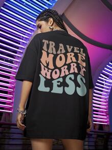 SHEIN Unity Camiseta amplia con estampado de slogan de hombros caídos - Negro - Ver 4