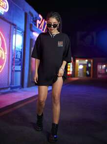 SHEIN Unity Camiseta amplia con estampado de slogan de hombros caídos - Negro - Ver 6