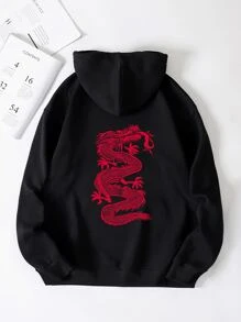 SHEIN EZwear Chinese Dragon Graphic Kangaroo Pocket Thermal Lined Drawstring Hoodie - Black - View 1