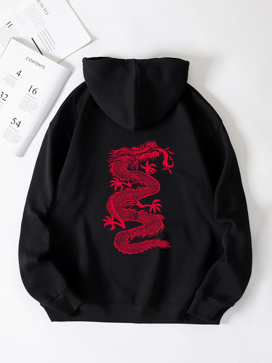 SHEIN EZwear Chinese Dragon Graphic Kangaroo Pocket Thermal Lined Drawstring Hoodie - Black - View 1