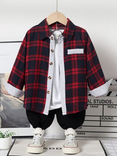 Toddler Boys 1pc Plaid Decor Pocket Shirt