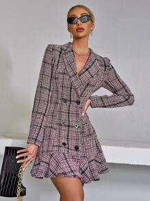 SHEIN Privé 雙排釦荷葉邊格紋粗花呢洋裝 - 彩色 - 查看 1