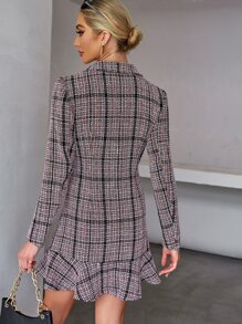 SHEIN Privé 雙排釦荷葉邊格紋粗花呢洋裝 - 彩色 - 查看 2