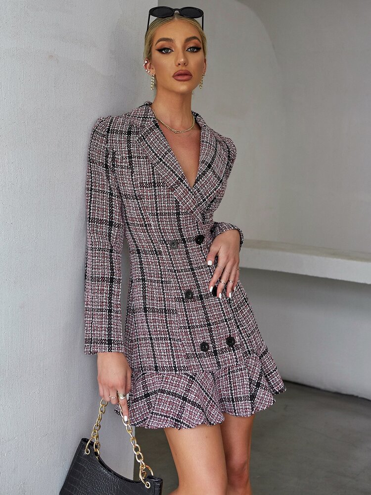SHEIN Privé Double Breasted Ruffle Hem Plaid Tweed Dress - Multicolor - View 4