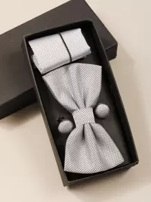 Men Plaid Bow Tie & Cufflinks Set - Grey - View 1