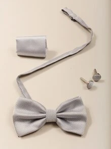 Men Plaid Bow Tie & Cufflinks Set - Grey - View 2