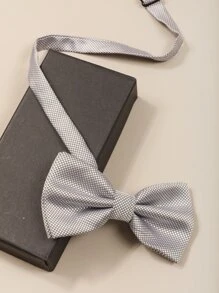 Men Plaid Bow Tie & Cufflinks Set - Grey - View 4