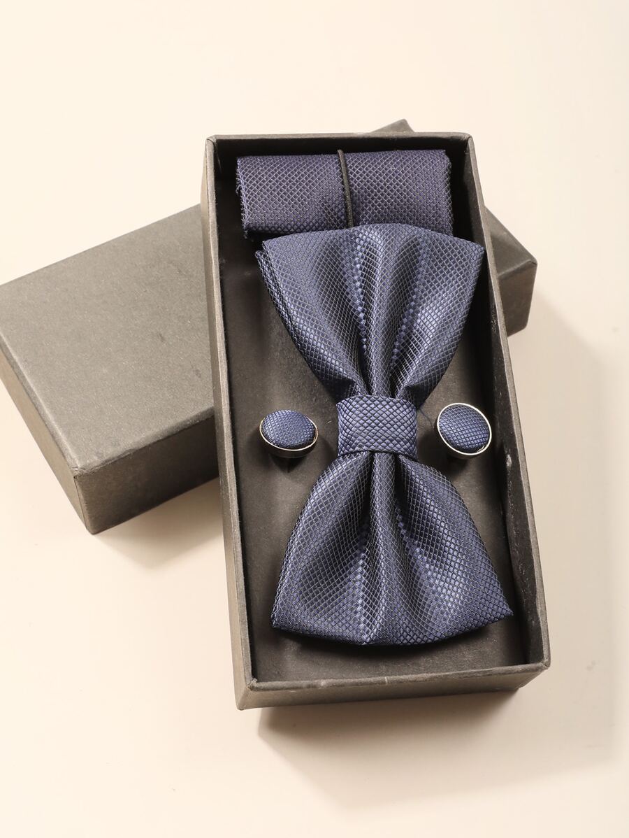 Men Tie & Bow Tie & 2pcs Cufflinks - Navy Blue - View 1