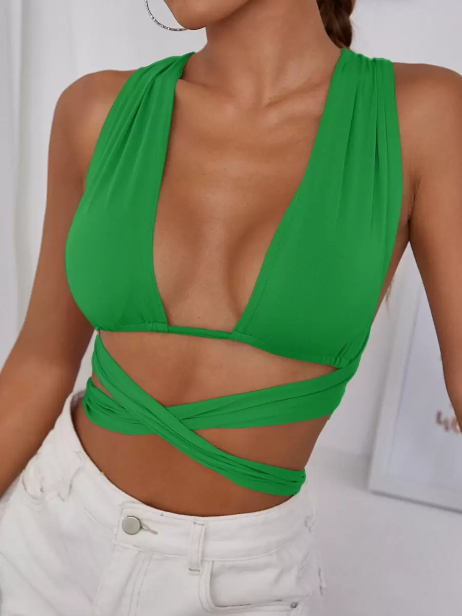 SHEIN Unity Áo hai dây Hội Chữ thập Buộc lại màu trơn Gợi cảm - màu xanh lá - Xem 1