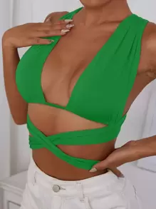 SHEIN Unity Áo hai dây Hội Chữ thập Buộc lại màu trơn Gợi cảm - màu xanh lá - Xem 4