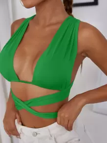 SHEIN Unity Áo hai dây Hội Chữ thập Buộc lại màu trơn Gợi cảm - màu xanh lá - Xem 5