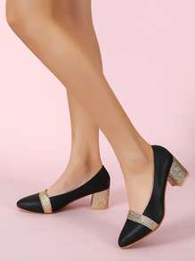 Point Toe Glitter Court Pumps, Korean-Style Shoes For Spring And Autumn, Versatile Pointed-Toe Shoes With Chunky Heels And Low Vamp In Gold Color For Banquets And High Heels - Black - View 2