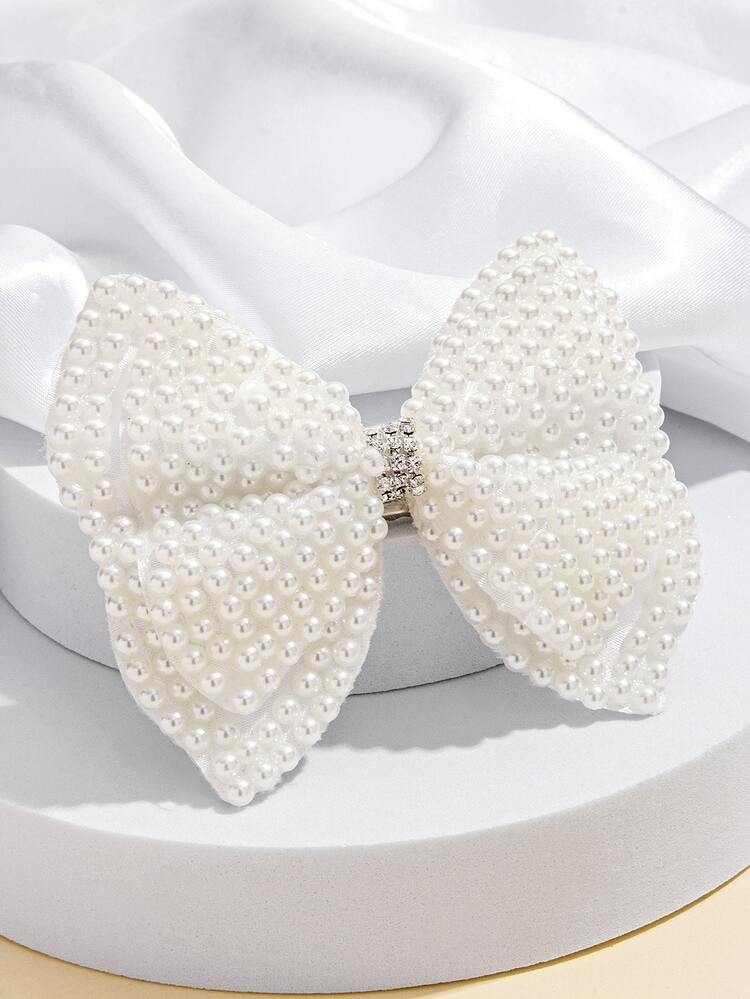 Faux Pearl Bow Decor Hair Clip - White - View 5