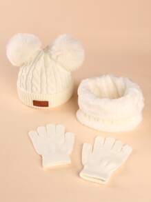 幼童白色冬天針織豆豆帽和手套附圍脖