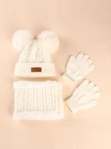幼童白色冬天針織豆豆帽和手套附圍脖