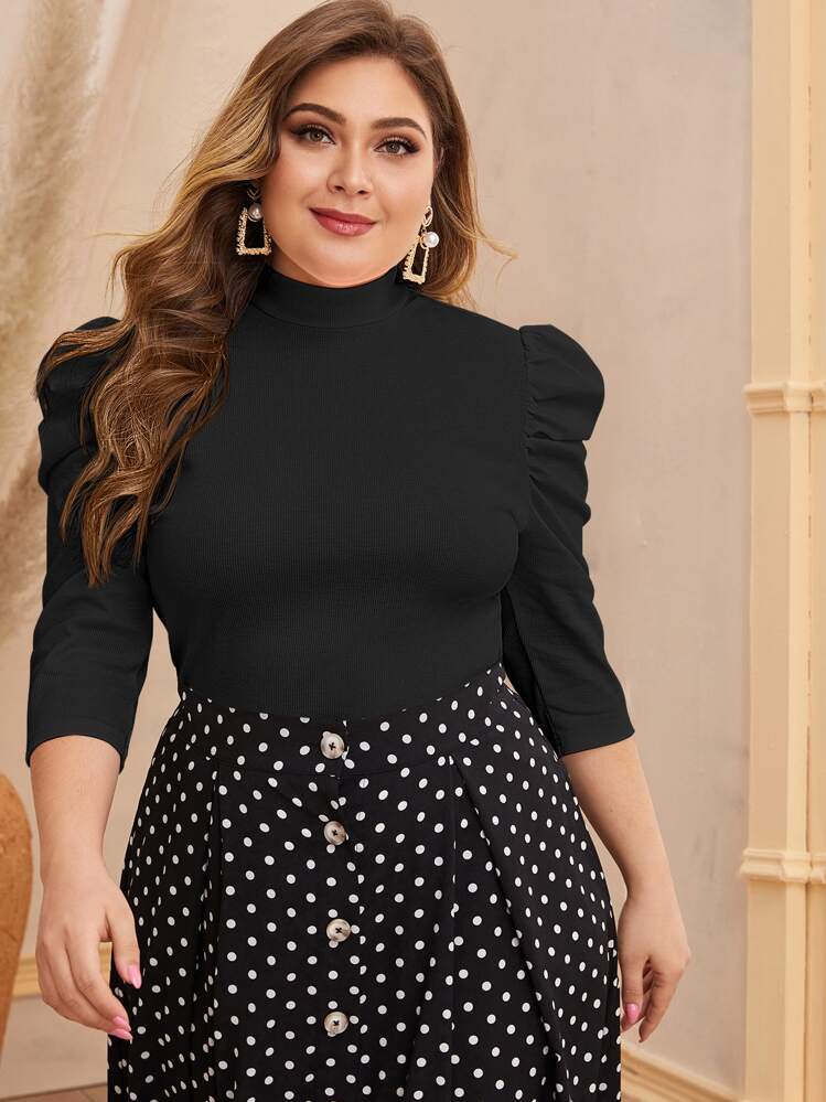 Modelyn Plus Size 3/4 Sleeve T-Shirt, Curve Elegant Spring/Summer Top - Black - View 1