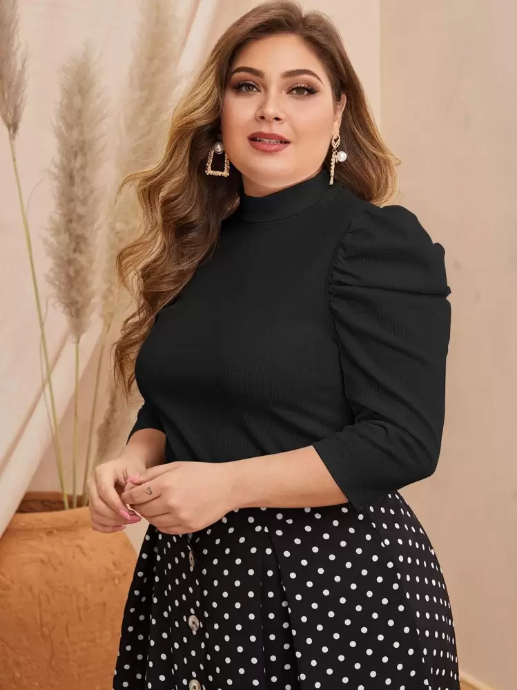 Modelyn Plus Size 3/4 Sleeve T-Shirt, Curve Elegant Spring/Summer Top - Black - View 3