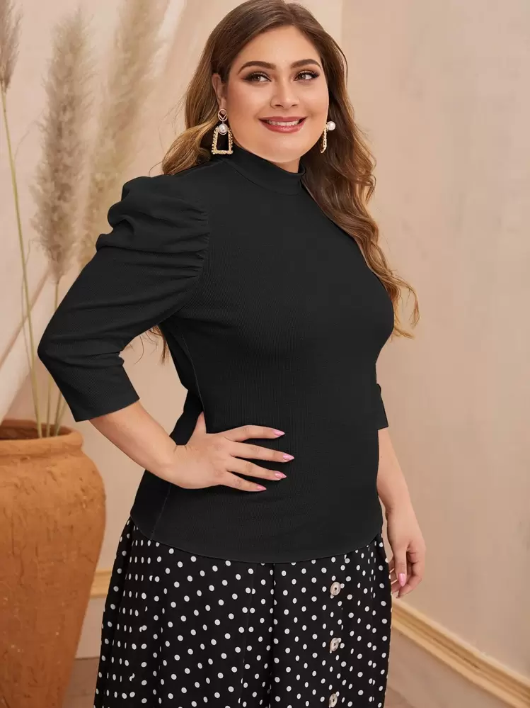 Modelyn Plus Size 3/4 Sleeve T-Shirt, Curve Elegant Spring/Summer Top - Black - View 4