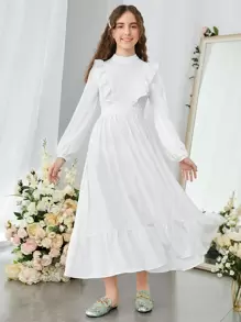 SHEIN Đầm Gái Tương phản ren Xù Viên lá sen Dây kéo màu trơn Ăn mặc đẹp - trắng - Xem 1