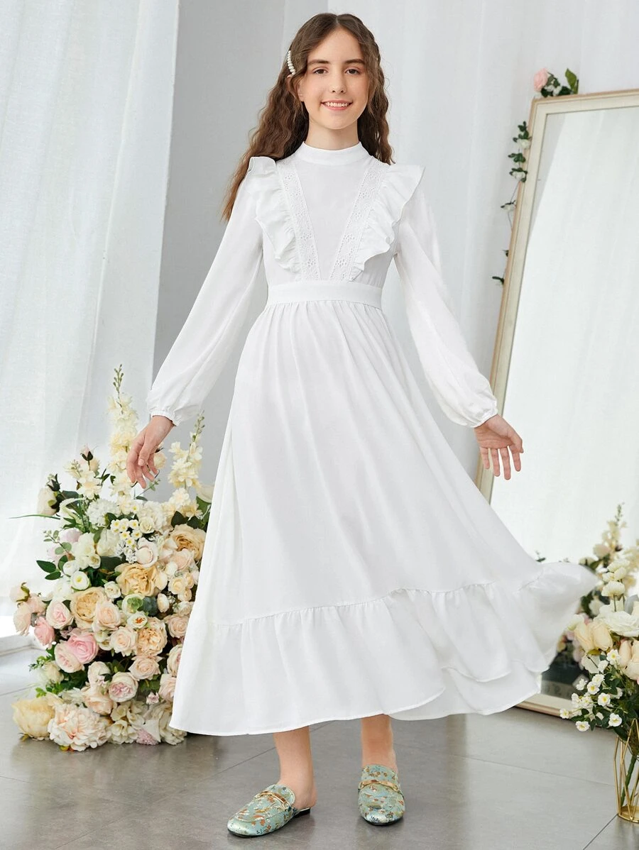 SHEIN Đầm Gái Tương phản ren Xù Viên lá sen Dây kéo màu trơn Ăn mặc đẹp - trắng - Xem 1