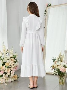 SHEIN Đầm Gái Tương phản ren Xù Viên lá sen Dây kéo màu trơn Ăn mặc đẹp - trắng - Xem 2