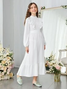 SHEIN Đầm Gái Tương phản ren Xù Viên lá sen Dây kéo màu trơn Ăn mặc đẹp - trắng - Xem 3