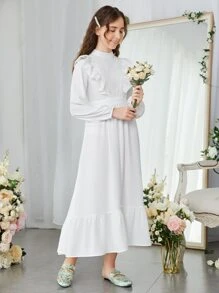 SHEIN Đầm Gái Tương phản ren Xù Viên lá sen Dây kéo màu trơn Ăn mặc đẹp - trắng - Xem 4