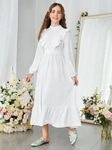 SHEIN Đầm Gái Tương phản ren Xù Viên lá sen Dây kéo màu trơn Ăn mặc đẹp - trắng - Xem 5