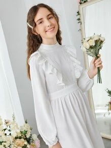 SHEIN Đầm Gái Tương phản ren Xù Viên lá sen Dây kéo màu trơn Ăn mặc đẹp - trắng - Xem 6