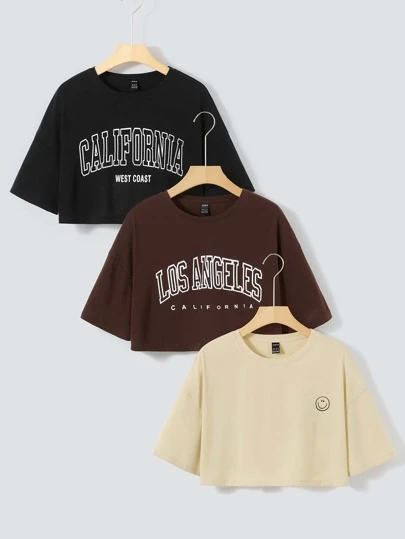 SHEIN Unity 3 件装字母图案落肩 T 恤 图案 T 恤 女式上衣