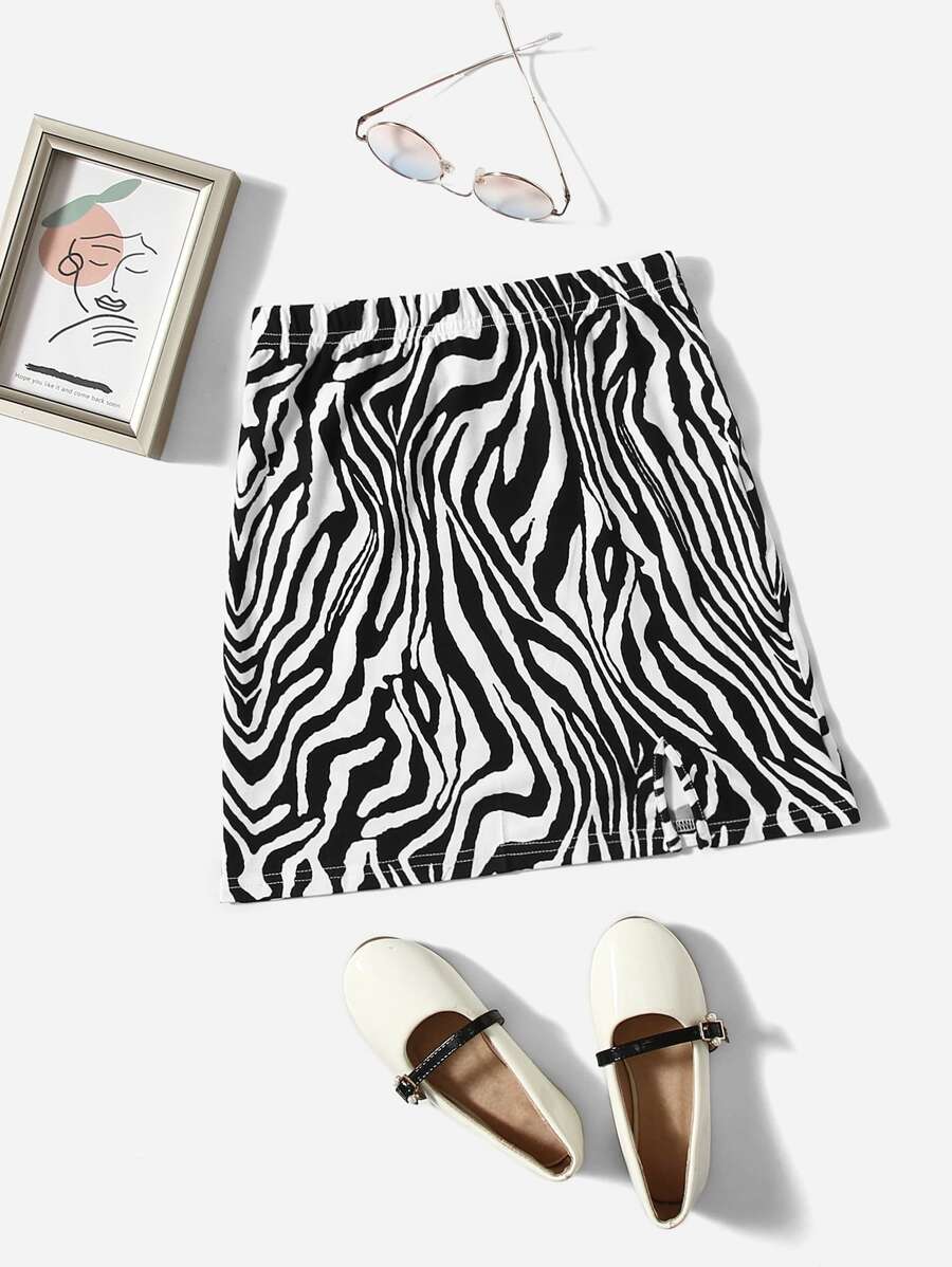 SHEIN Tween Girl Zebra Striped Split Hem Skirt - Black and White - View 1