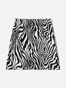 SHEIN Tween Girl Zebra Striped Split Hem Skirt - Black and White - View 2
