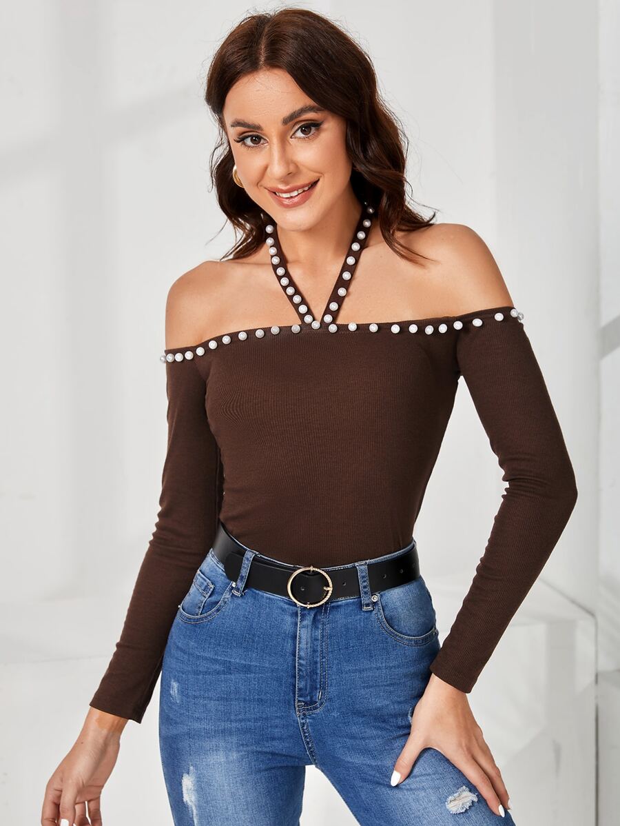 SHEIN Unity Áo nữ cườm đính Ngọc trai màu trơn Thanh lịch - Cà phê nâu - Xem 1