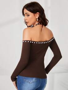 SHEIN Unity Áo nữ cườm đính Ngọc trai màu trơn Thanh lịch - Cà phê nâu - Xem 2