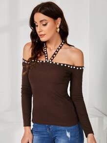 SHEIN Unity Áo nữ cườm đính Ngọc trai màu trơn Thanh lịch - Cà phê nâu - Xem 3