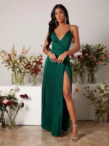 SHEIN Belle 深V領圍裹下擺緞面吊帶伴娘洋裝
