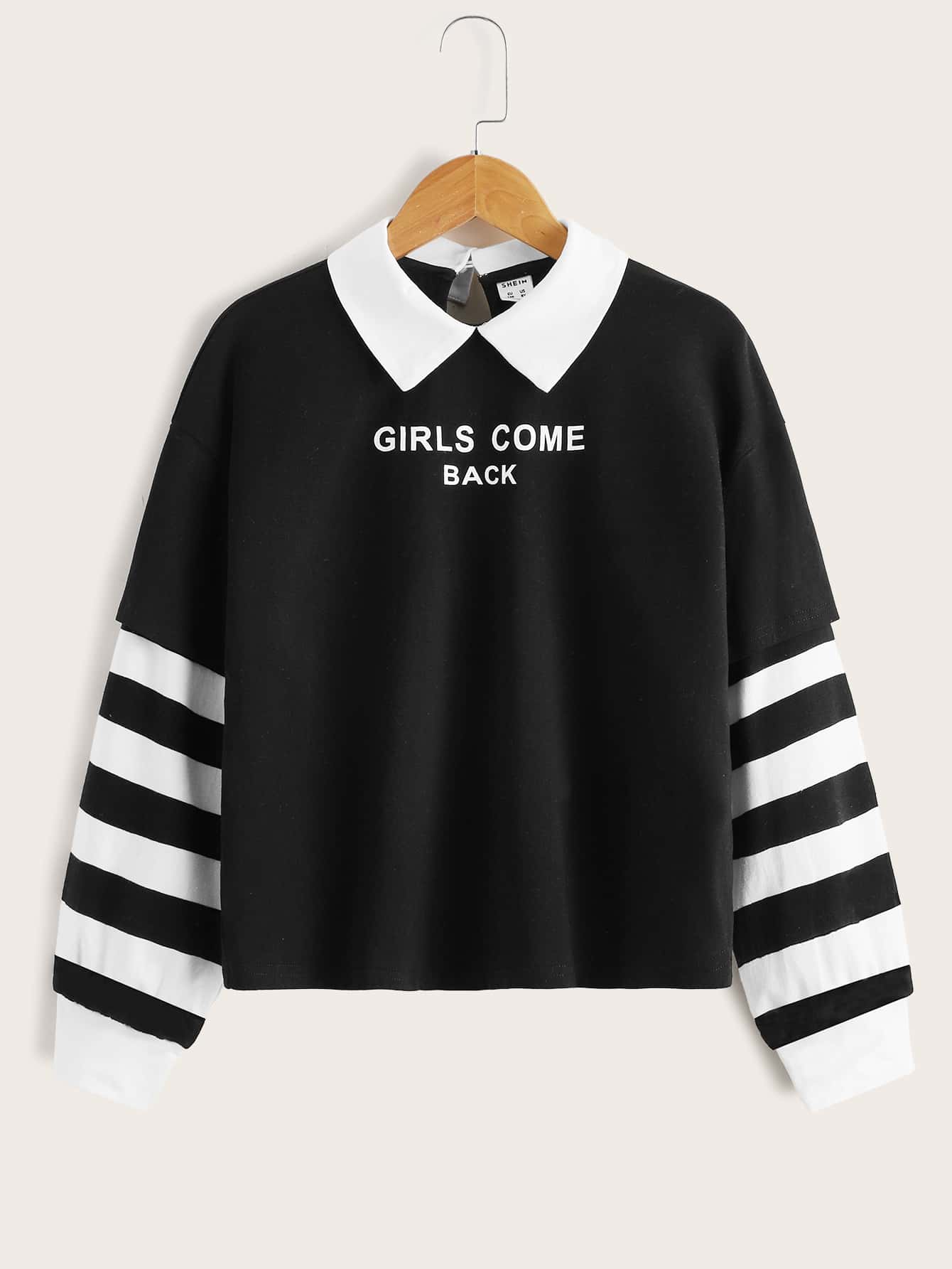 SHEIN Girls Striped Letter Graphic Contrast Collar Drop Shoulder Tee - Black - View 1