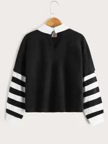 SHEIN Girls Striped Letter Graphic Contrast Collar Drop Shoulder Tee - Black - View 2