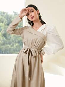 Mulvari Colourblock Puff Sleeve Belted Dress - Khaki - View 3