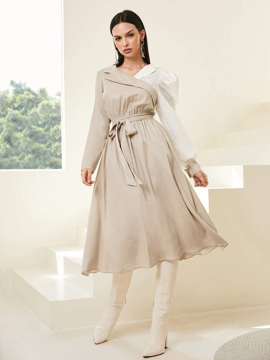 Mulvari Colourblock Puff Sleeve Belted Dress - Khaki - View 1