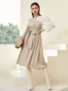 Mulvari Colourblock Puff Sleeve Belted Dress - Khaki - View 5