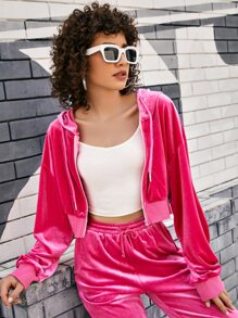 SHEIN Qutie Rhinestone Letter Graphic Zip Up Hooded Velvet Jacket - Hot Pink - View 4