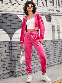 SHEIN Qutie Rhinestone Letter Graphic Zip Up Hooded Velvet Jacket - Hot Pink - View 5