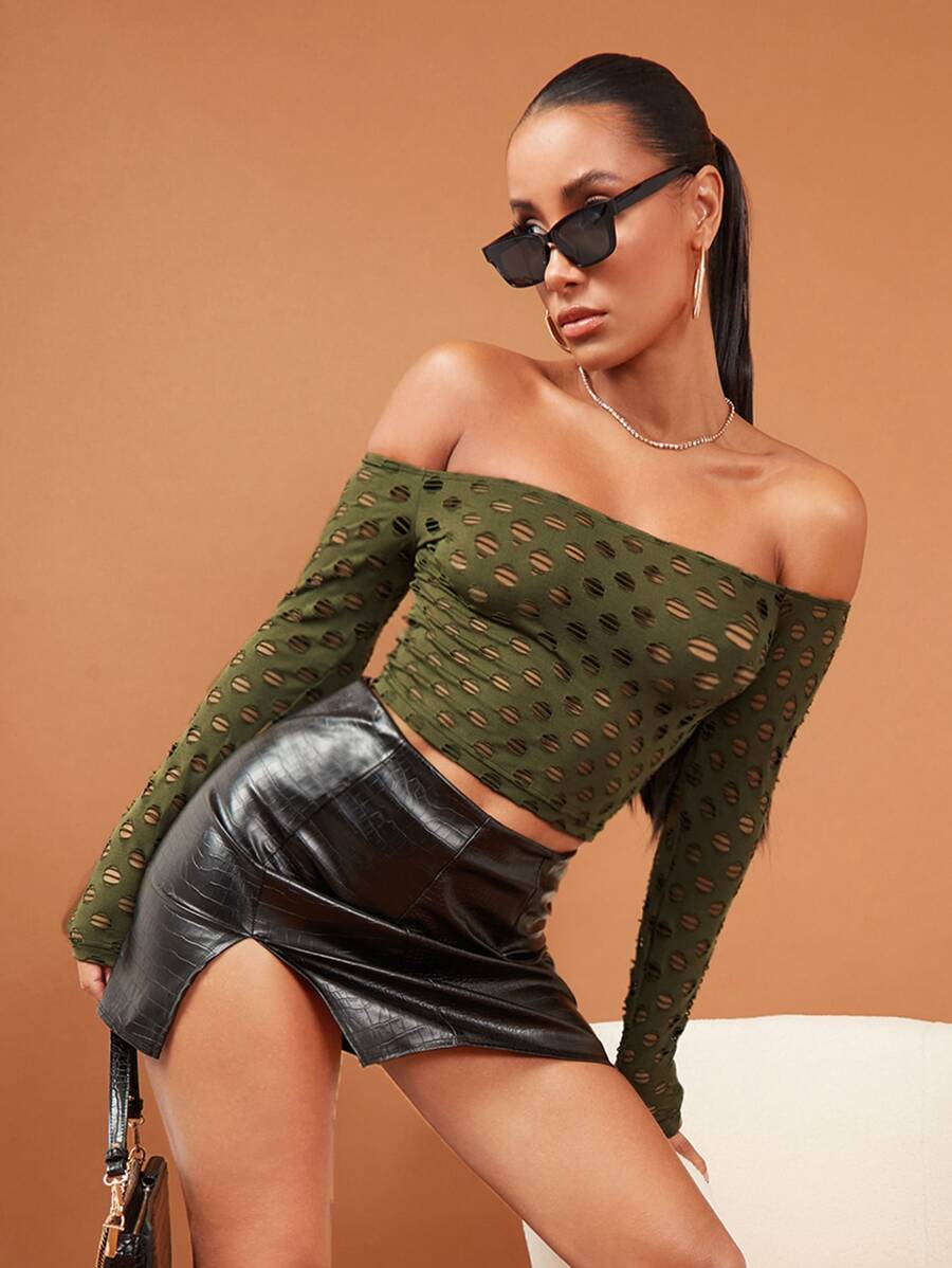 SHEIN BAE Áo thun nữ Bị tách màu trơn Gợi cảm - xanh quân đội - Xem 1