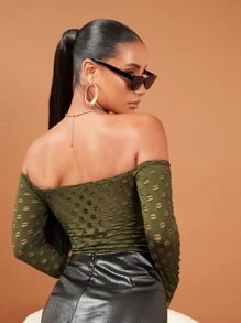 SHEIN BAE Áo thun nữ Bị tách màu trơn Gợi cảm - xanh quân đội - Xem 2