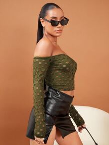 SHEIN BAE Áo thun nữ Bị tách màu trơn Gợi cảm - xanh quân đội - Xem 3