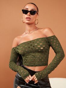 SHEIN BAE Áo thun nữ Bị tách màu trơn Gợi cảm - xanh quân đội - Xem 4