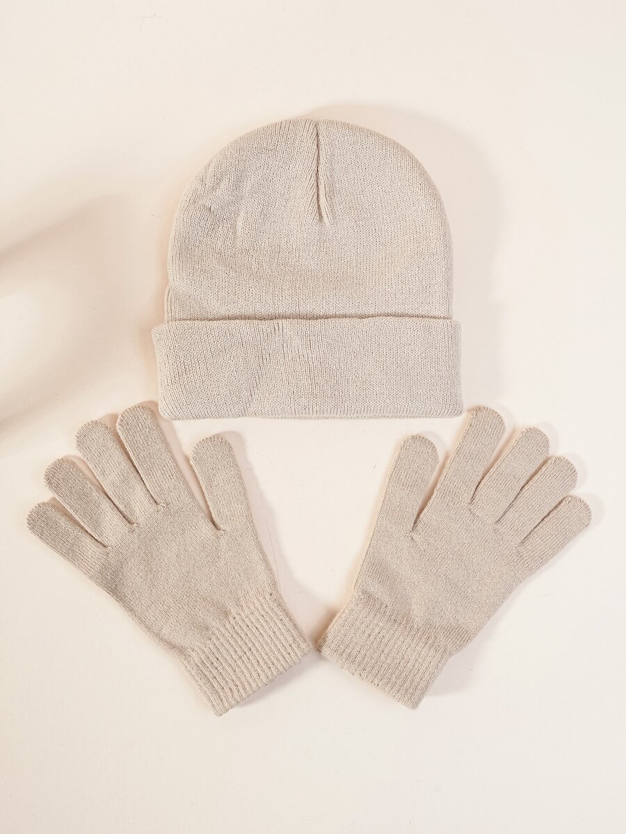 Solid Beanie & Gloves - Beige - View 1