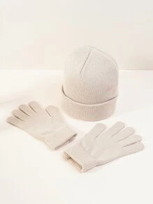 Solid Beanie & Gloves - Beige - View 2